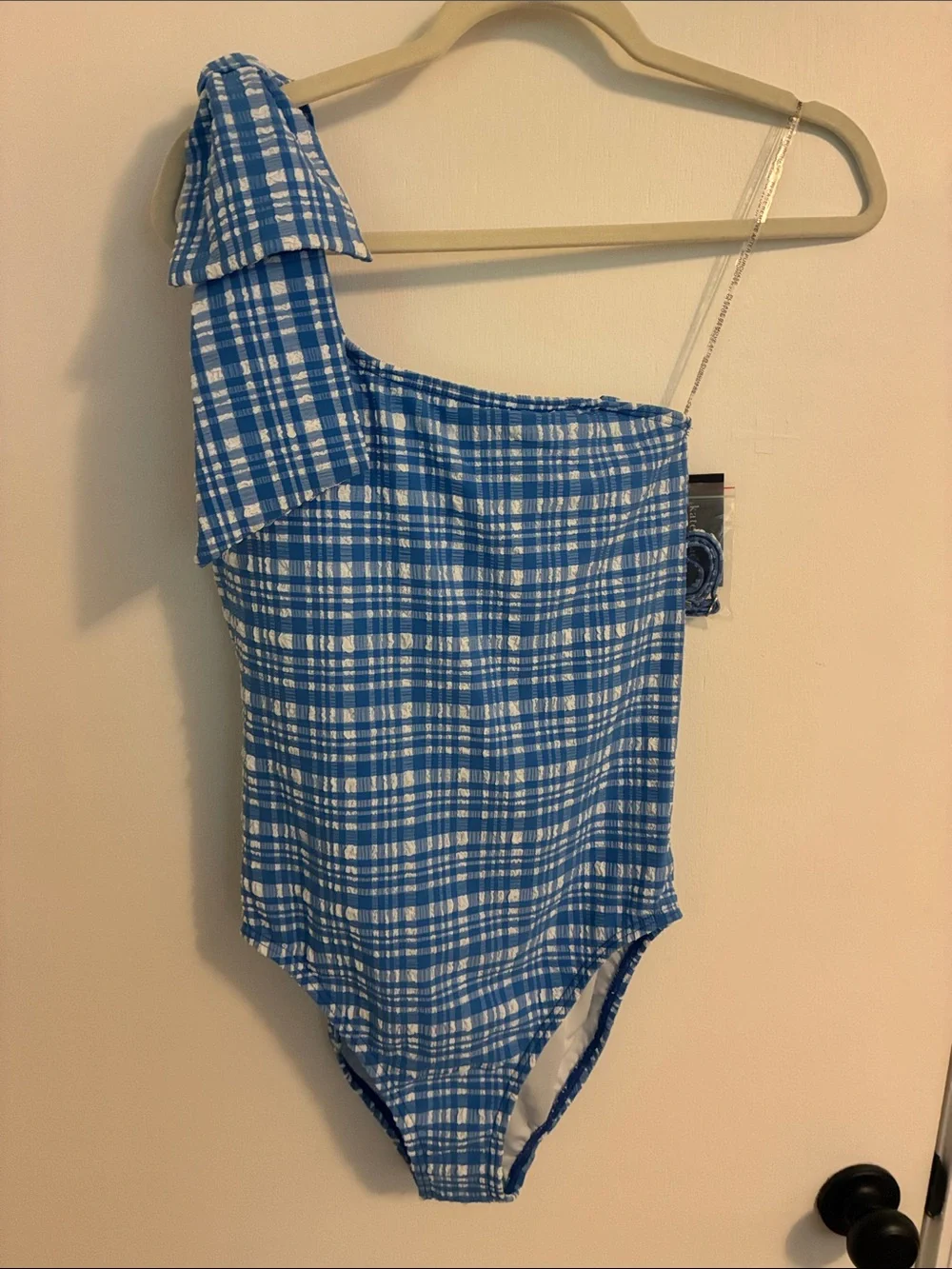 NWT • Kate Spade •One Shoulder One Piece Swimsuit  Bow Detail Ocean Plaid Blue